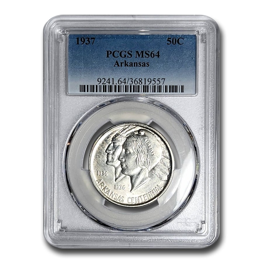 1937 Arkansas Half Dollar MS-64 PCGS: 1937 Arkansas Half Dollar MS-64 PCGS Product ID: 229317 Year: 1937 Grade Service: PCGS Denomination: 50 Cents Metal Content: 0.3617 troy oz Purity: .900 Thickness: 2.15 mm Diamet
