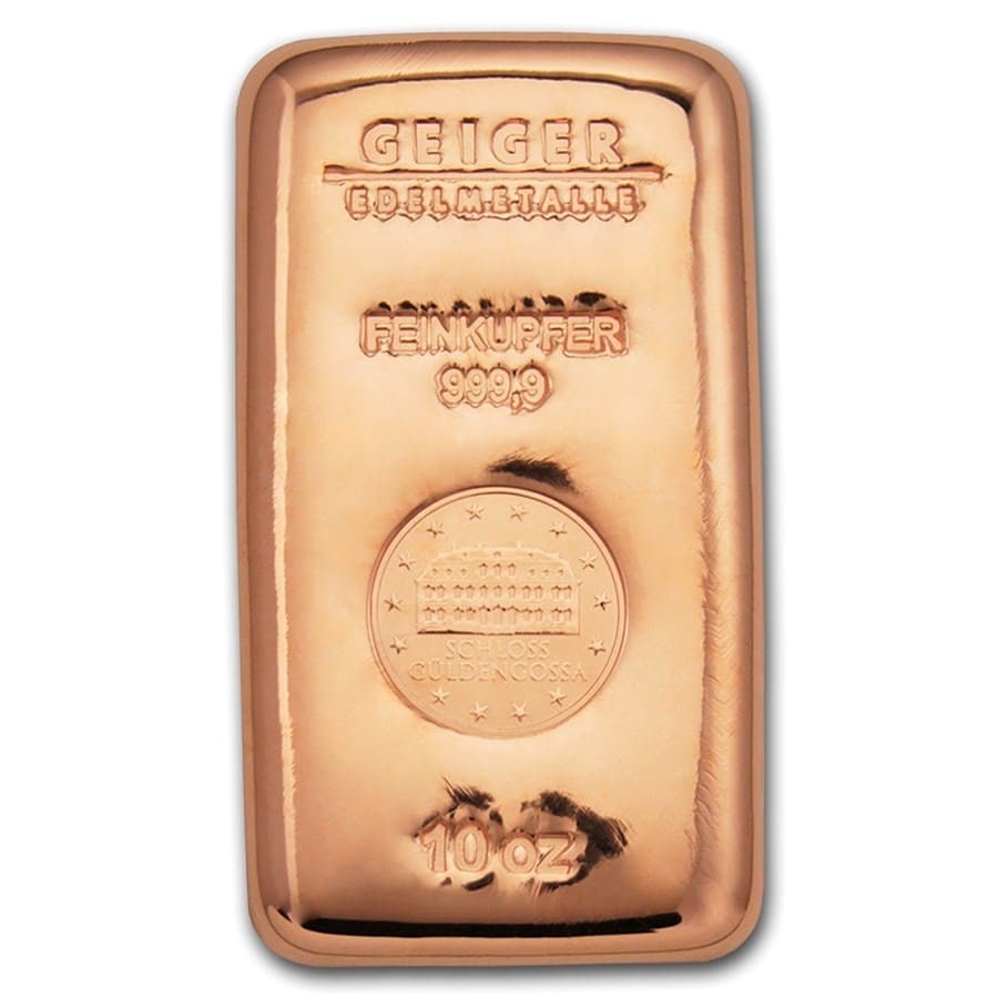 10 oz Copper Bar - Geiger (Poured, .9999 Fine): 10 oz Copper Bar - Geiger (Poured, .9999 Fine) Product ID: 103963 Year: N/A Grade: None Grade Service: None Mint Mark: None Metal Content: 10 AVDP oz Purity: .999 Thickness: 15 m