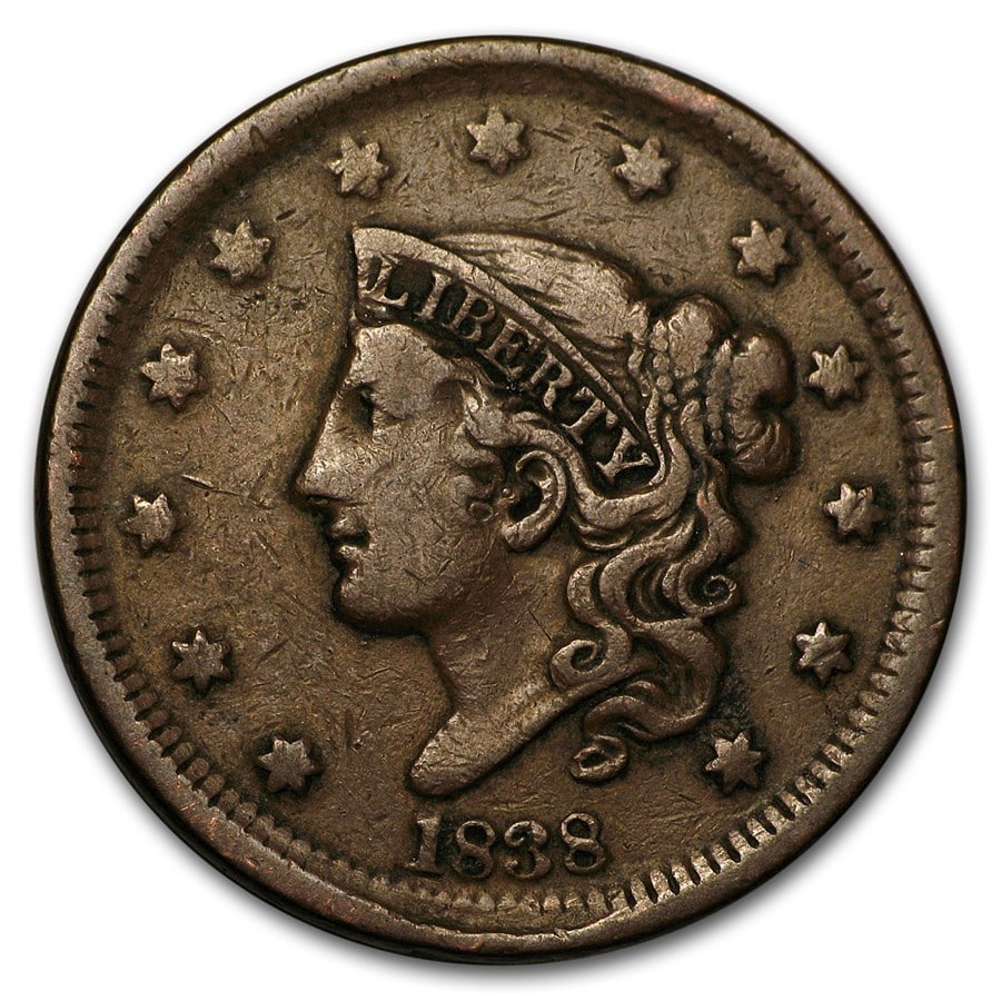 1838 Large Cent VF: 1838 Large Cent VF Product ID: 114804 Year: 1838 Grade: Very Fine Grade Service: None Denomination: $0.01 Mint Mark: P - Philadelphia (Not Shown) Metal Content: 0 troy oz Purity: