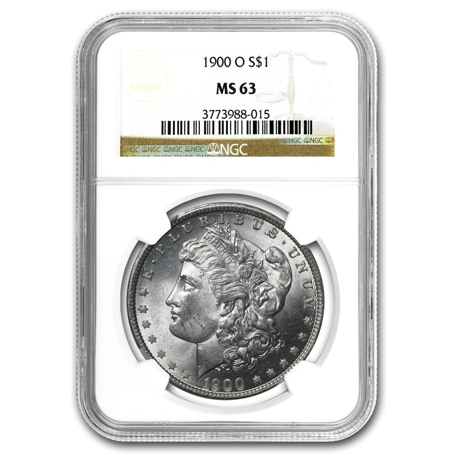 1900-O Morgan Dollar MS-63 NGC: 1900-O Morgan Dollar MS-63 NGC Product ID: 4662 Year: 1900 Grade Service: NGC Denomination: $1.00 Metal Content: 0.7734 troy oz Purity: .900 Thickness: 3.1 mm Diameter: 38.1 mm