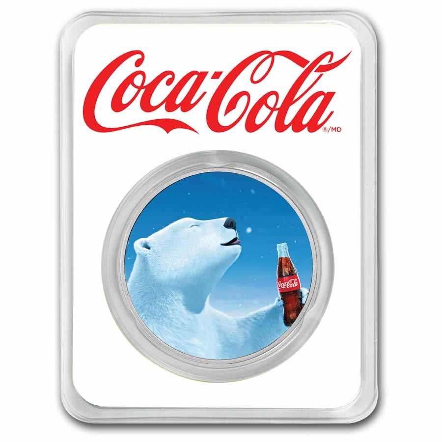 Coca-Cola 1 oz Silver Polar Bear Colorized Round: Coca-Cola 1 oz Silver Polar Bear Colorized Round Product ID: 278706 Grade: None Grade Service: None Mint Mark: N/A - Not Available Metal Content: 1 troy oz Purity: .999 Thickness: 2.8 mm