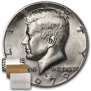 1979-D Kennedy Half Dollar 20-Coin Roll BU: 1979-D Kennedy Half Dollar 20-Coin Roll BU Product ID: 9106 Year: 1979 Grade: Brilliant Unc Grade Service: None Denomination: 50 Cents Mint Mark: D - Denver Metal Content: 0 troy oz <
