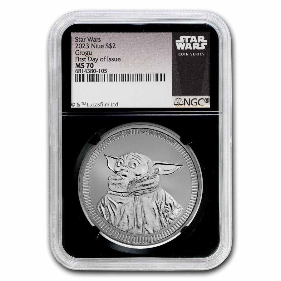 2023 Niue 1 oz Ag $2 Star Wars Grogu "Baby Yoda" MS-70 NGC (FDI): 2023 Niue 1 oz Ag $2 Star Wars Grogu "Baby Yoda" MS-70 NGC (FDI) Product ID: 286398 Year: 2023 Grade: MS-70 Grade Service: NGC Denomination: 2 Dollars Mint Mark: Not Shown Metal Content: