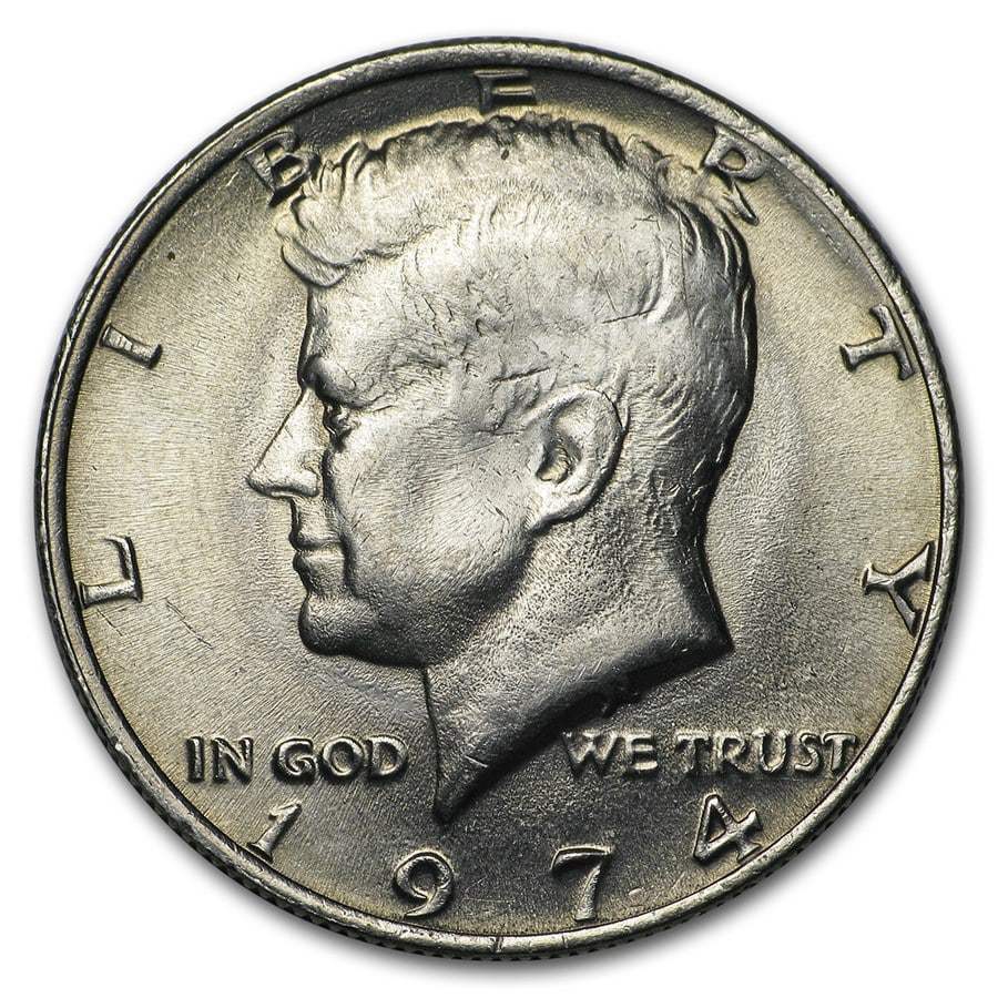 1974 Kennedy Half Dollar BU: 1974 Kennedy Half Dollar BU Product ID: 6019 Year: 1974 Grade: Brilliant Unc Grade Service: None Denomination: 50 Cents Mint Mark: P - Philadelphia (Not Shown) Metal Content: 0 troy oz