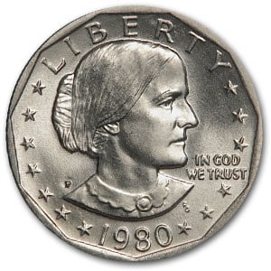 1980-P Susan B. Anthony Dollar BU: 1980-P Susan B. Anthony Dollar BU Product ID: 5063 Year: 1980 Grade: Brilliant Unc Grade Service: None Denomination: $1.00 Mint Mark: P - Philadelphia Metal Content: 0 troy oz Pu
