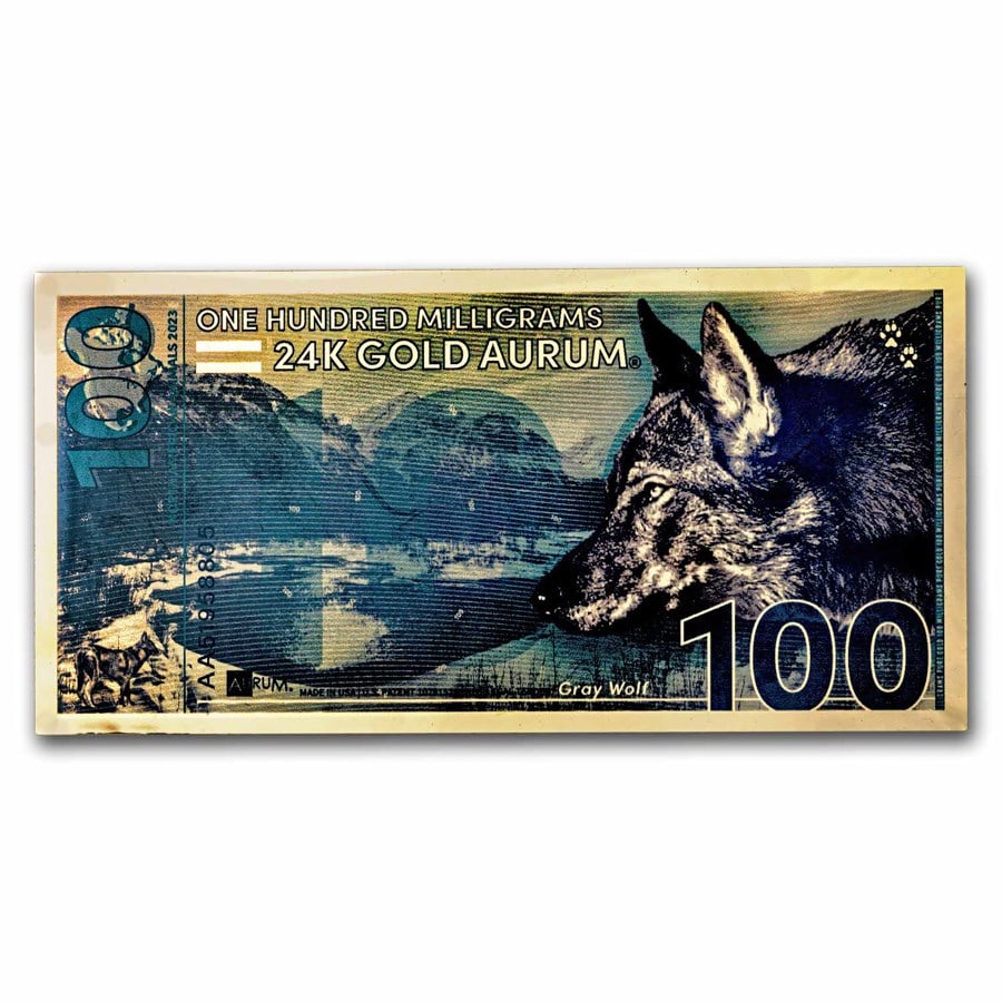 Gold Aurum Note - 100mg (2023 Gray Wolf, 24K): Gold Aurum Note - 100mg (2023 Gray Wolf, 24K) Product ID: 281568 Year: 2023 Grade: (U) Uncirculated Grade Service: None Mint Mark: N/A - Not Available Metal Content: 0.0032 troy oz Purity