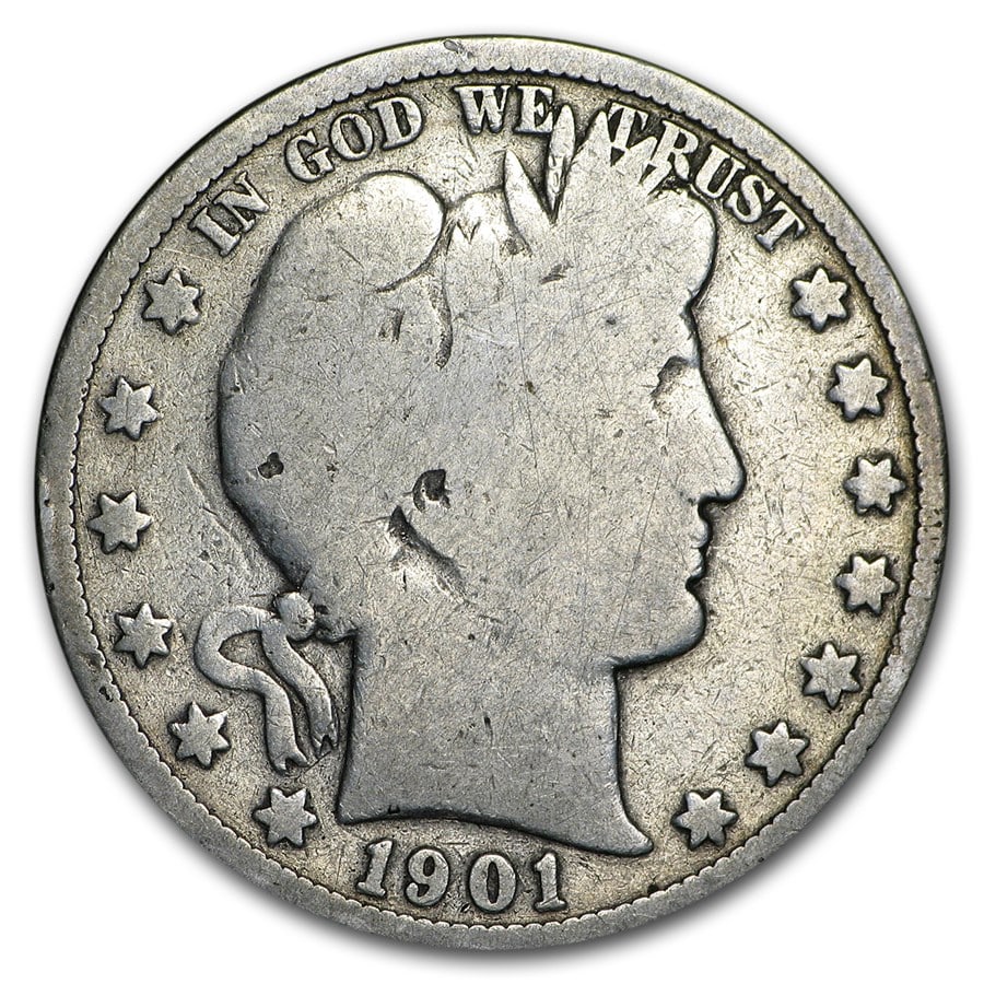 1901-S Barber Half Dollar AG: 1901-S Barber Half Dollar AG Product ID: 13691 Year: 1901 Grade: Almost Good Grade Service: None Denomination: $0.50 Mint Mark: S - San Francisco Metal Content: 0.3575 troy oz Pu