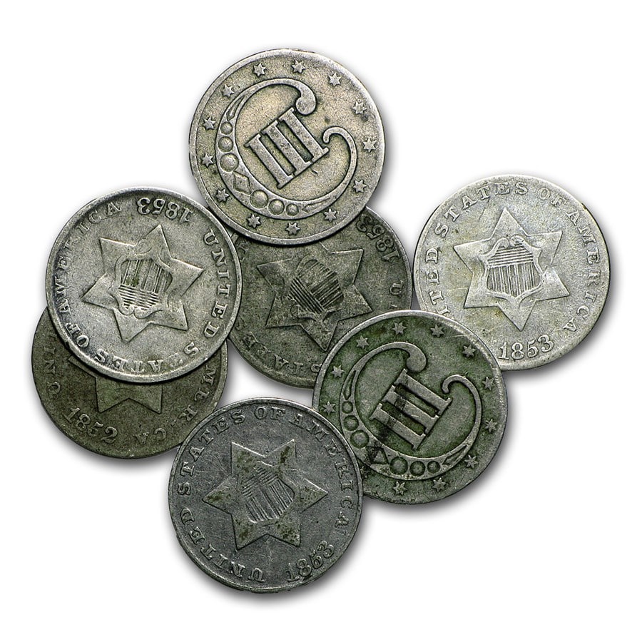 1851-1862 Three Cent Silver Fine/VF: 1851-1862 Three Cent Silver Fine/VF Product ID: 104881 Year: 1851-1862 Grade: Fine/Very Fine Grade Service: None Denomination: 3 Cents Mint Mark: P - Philadelphia (Not Shown) Metal Conten