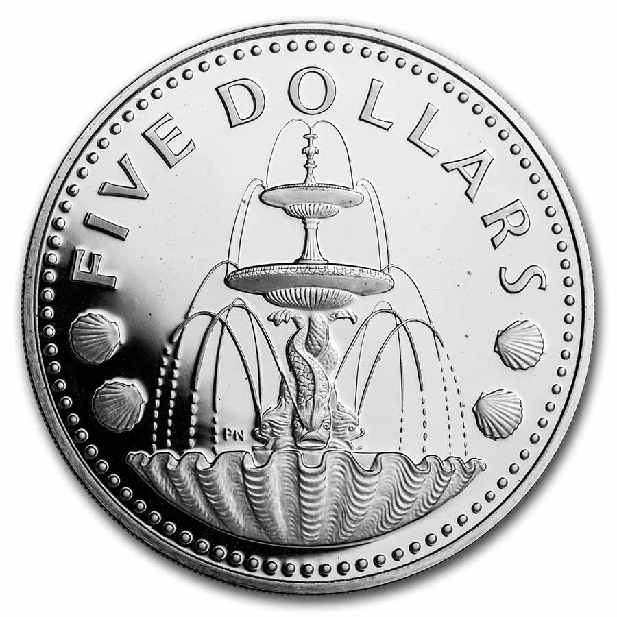 1973-1984 Barbados Silver $5 Fountain Proof: 1973-1984 Barbados Silver $5 Fountain Proof RBJ no: 244873 Year: Random Grade: Proof Grade Service: None Denomination: 5 Dollars Mint Mark: Not Shown Metal Content: 0.7999 troy oz