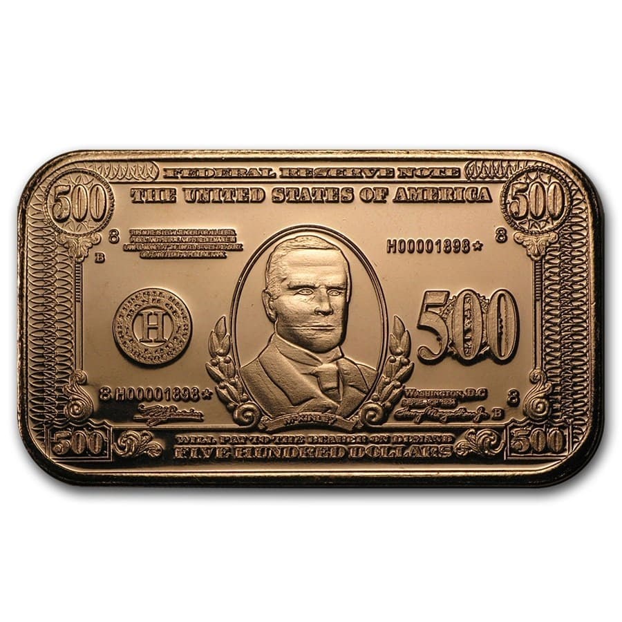 1 oz Copper Bar - $500 William McKinley Banknote Replica: 1 oz Copper Bar - $500 William McKinley Banknote Replica RBJ no: 87382 Year: N/A Grade: None Grade Service: None Mint Mark: None Metal Content: 1 AVDP oz Purity: .999 Thickness: