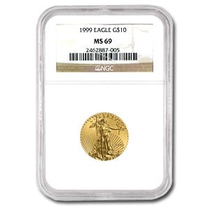 1999 1/4 oz American Gold Eagle MS-69 NGC: 1999 1/4 oz American Gold Eagle MS-69 NGC Product ID: 59039 Year: 1999 Grade: MS-69 Grade Service: NGC Denomination: $10.00 Mint Mark: W - West Point (Not Shown) Metal Content: 0.25 troy