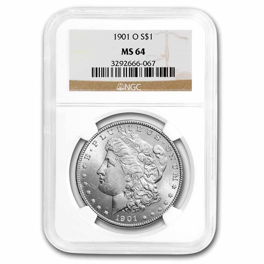 1901-O Morgan Dollar MS-64 NGC: 1901-O Morgan Dollar MS-64 NGC Product ID: 7569 Year: 1901 Grade Service: NGC Denomination: $1.00 Metal Content: 0.7734 troy oz Purity: .900 Thickness: 3.1 mm Diameter: 38.1 mm <