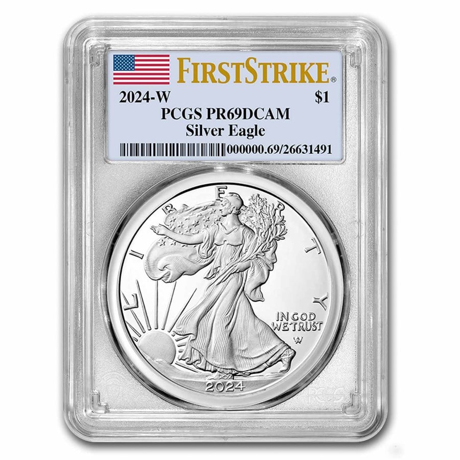 2024-W 1 oz Proof Silver Eagle PR-69 PCGS (FirstStrike): 2024-W 1 oz Proof Silver Eagle PR-69 PCGS (FirstStrike) Product ID: 284540 Year: 2024 Grade: Proof - 69 DCAM Grade Service: PCGS Denomination: 1 Dollar Mint Mark: W - West Point Metal Con