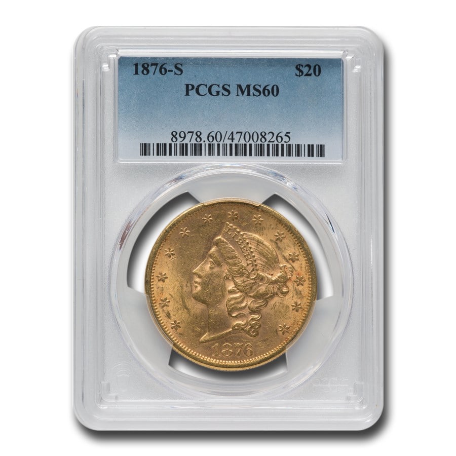 1876-S $20 Liberty Gold Double Eagle MS-60 PCGS: 1876-S $20 Liberty Gold Double Eagle MS-60 PCGS Product ID: 163511 Year: 1876 Grade Service: PCGS Denomination: $20 Metal Content: 0.9675 troy oz Purity: .900 Thickness: 2.41 mm