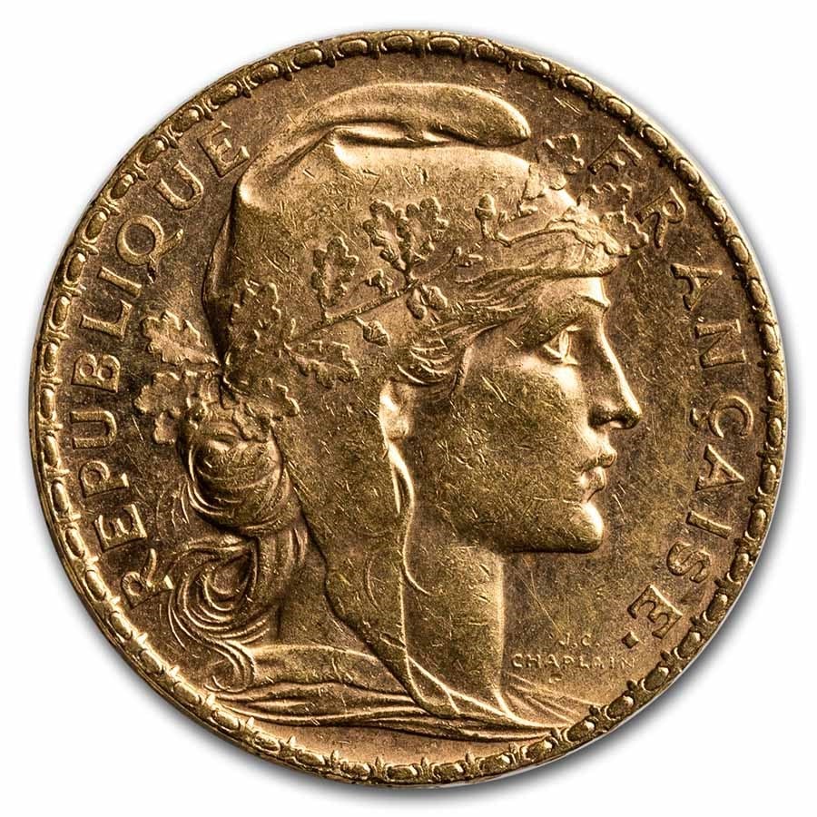 1907 France Gold 20 Francs Rooster AU: 1907 France Gold 20 Francs Rooster AU Product ID: 232903 Year: 1907 Grade: Almost Unc Grade Service: None Denomination: 20 Francs Mint Mark: Varies Metal Content: 0.1867 troy oz