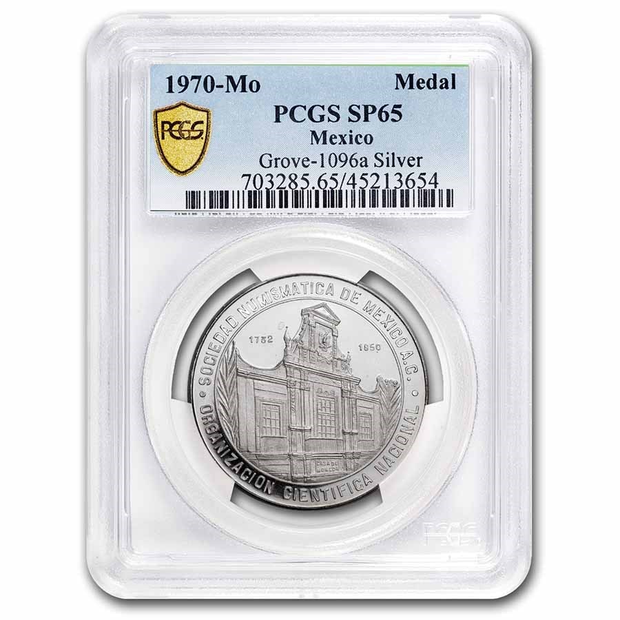 1970-Mo Mexico National Shield Medal SP-65 PCGS (Grove-1096a): 1970-Mo Mexico National Shield Medal SP-65 PCGS (Grove-1096a) Product ID: 270237 Year: 1970 Grade Service: PCGS Metal Content: 0.8 troy oz Purity: Unknown Thickness: N/A mm Diameter: 38 m