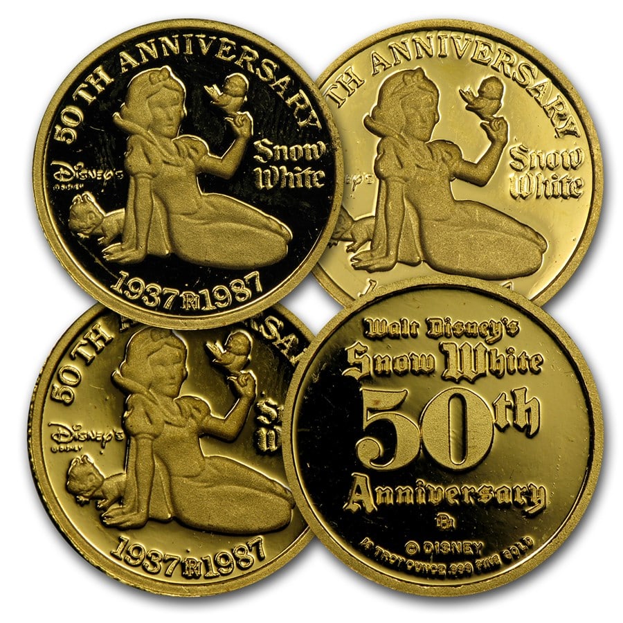 1/4 oz Gold - Disney's Snow White 50th Anniversary (Random Motif): 1/4 oz Gold - Disney's Snow White 50th Anniversary (Random Motif) Product ID: 66490 Year: 1987 Grade: None Grade Service: None Mint Mark: N/A - Not Available Metal Content: 0.25 troy oz P