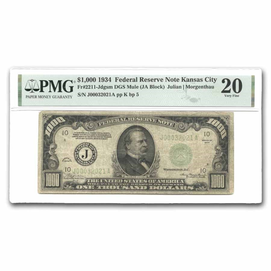 1934 (J-Kansas City) $1,000 FRN VF-20 PMG (Fr#2211-J) Mule: 1934 (J-Kansas City) $1,000 FRN VF-20 PMG (Fr#2211-J) Mule Product ID: 288155 Year: 1934 Grade: Very Fine - 20 Grade Service: PMG Denomination: 1,000 Dollars Mint Mark: J - Kansas City Me