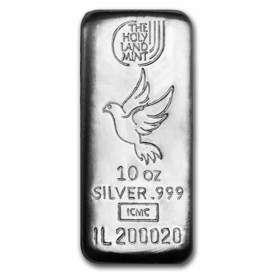 10 oz Silver Bar - Holy Land Mint (Dove of Peace, Cast-Poured): 10 oz Silver Bar - Holy Land Mint (Dove of Peace, Cast-Poured) Product ID: 283409 Grade: None Grade Service: None Mint Mark: N/A - Not Available Metal Content: 10 troy oz Purity: .999 Thi