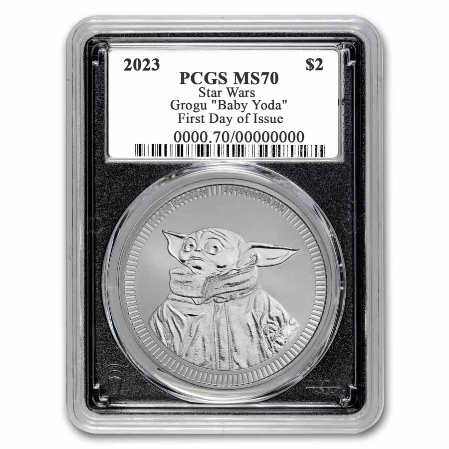 2023 Niue 1 oz Ag $2 Star Wars Grogu "Baby Yoda" MS-70 PCGS (FDI): 2023 Niue 1 oz Ag $2 Star Wars Grogu "Baby Yoda" MS-70 PCGS (FDI) Product ID: 286395 Year: 2023 Grade: MS-70 Grade Service: PCGS Denomination: 2 Dollars Mint Mark: Not Shown Metal Content
