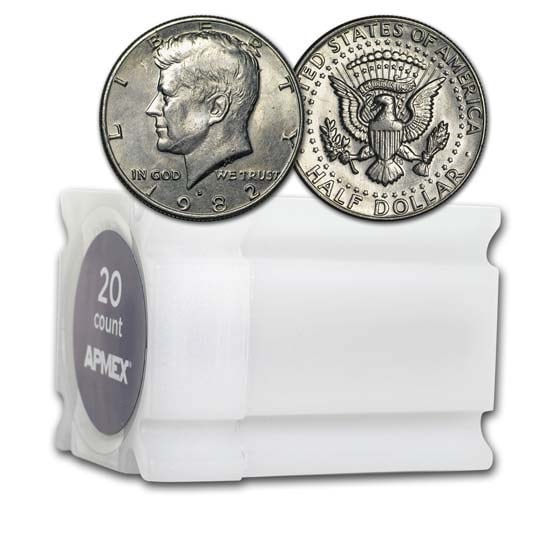 1982-D Kennedy Half Dollar 20-Coin Roll BU: 1982-D Kennedy Half Dollar 20-Coin Roll BU Product ID: 12114 Year: 1982 Grade: Brilliant Unc Grade Service: None Denomination: 50 Cents Mint Mark: D - Denver Metal Content: 0 troy oz