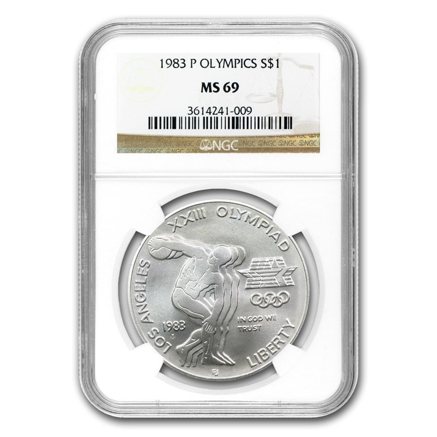 1983-P Olympic $1 Silver Commem MS-69 NGC: 1983-P Olympic $1 Silver Commem MS-69 NGC Product ID: 72136 Year: 1983 Grade Service: NGC Denomination: $1.00 Dollar Metal Content: 0.7734 troy oz Purity: .900 Thickness: 3.1 mm