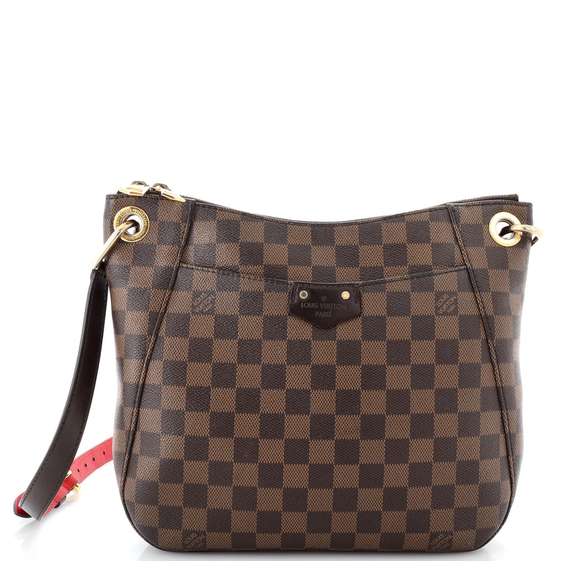 Louis Vuitton South Bank Besace Bag Damier: Louis Vuitton South Bank Besace Bag Damier Exterior Color: Brown Interior Color: Red Exterior Material: Canvas Coated Interior Material: Fabric Hardware Color: Gold Accessories: Tassel missing