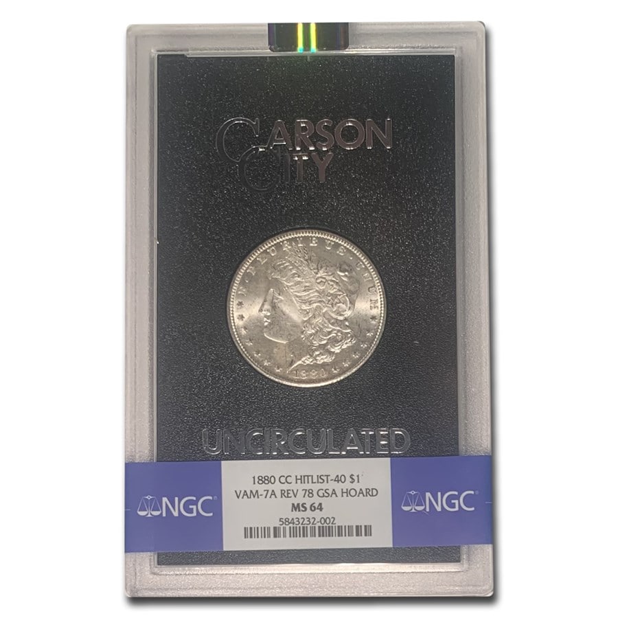 1880-CC Morgan Dollar MS-64 NGC (VAM-7A Rev 78 Hitlist-40 GSA): 1880-CC Morgan Dollar MS-64 NGC (VAM-7A Rev 78 Hitlist-40 GSA) Product ID: 243881 Year: 1880 Grade Service: NGC Denomination: 1 Dollar Metal Content: 0.7734 troy oz Purity: .900 Diameter: