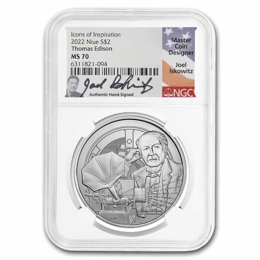 2023 Niue 1 oz Silver Icons: Thomas Edison MS-70 NGC: 2023 Niue 1 oz Silver Icons: Thomas Edison MS-70 NGC Product ID: 274008 Year: 10,000 Grade: MS-70 Grade Service: NGC Denomination: 2 Dollars Mint Mark: N/A - Not Available Metal Content: