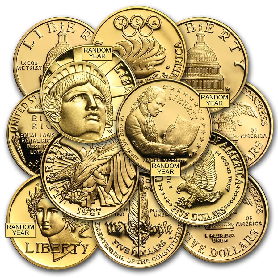 U.S. Mint Gold $5 Commem BU/Proof (AGW .24187 oz, Capsule only): U.S. Mint Gold $5 Commem BU/Proof (AGW .24187 oz, Capsule only) Product ID: 14078 Year: Random Grade: BU &/or Proof Grade Service: None Denomination: $5.00 Mint Mark: Varies Metal Content