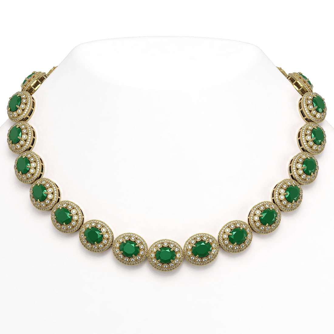 111.75 ctw Emerald & Diamond Victorian Necklace 14K Yellow Gold: 111.75 ctw Emerald & Diamond Victorian Necklace 14K Yellow Gold Item: Emerald NecklaceTotal Gem weight: 111.75 carats Metal: Solid 14K Yellow Gold Gold Product Weight: Approx. 118.6 grams Jewelr