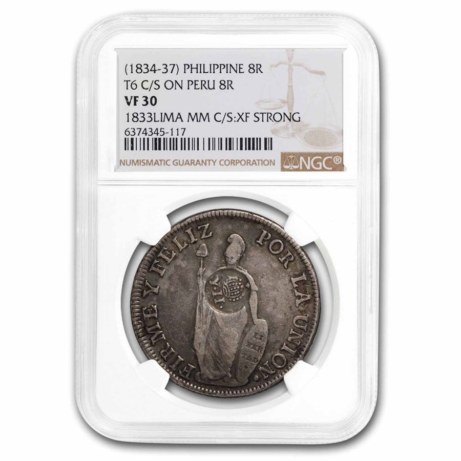 (1834-1837) Philippine Silver 8 Reales VF-30 NGC: (1834-1837) Philippine Silver 8 Reales VF-30 NGC Product ID: 277824 Year: 1834-1837 Grade: Very Fine - 30 Grade Service: NGC Denomination: 8 Reales Mint Mark: Not Shown Metal Content: 0.7