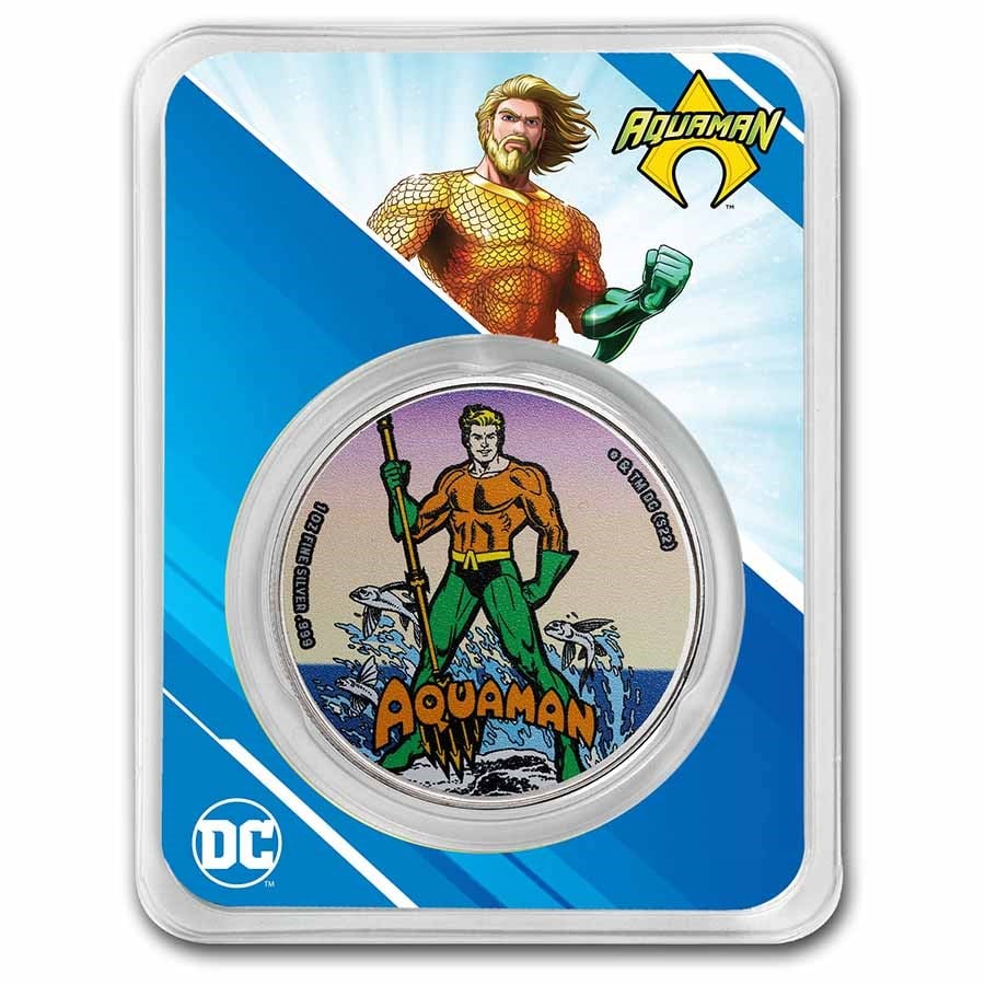 2023 Samoa 1 oz Silver DC Comics Aquaman Colorized with TEP: 2023 Samoa 1 oz Silver DC Comics Aquaman Colorized with TEP Product ID: 263100 Year: 2023 Grade: Brilliant Unc Grade Service: None Denomination: 5 Dollars Mint Mark: Not Shown Metal Conte