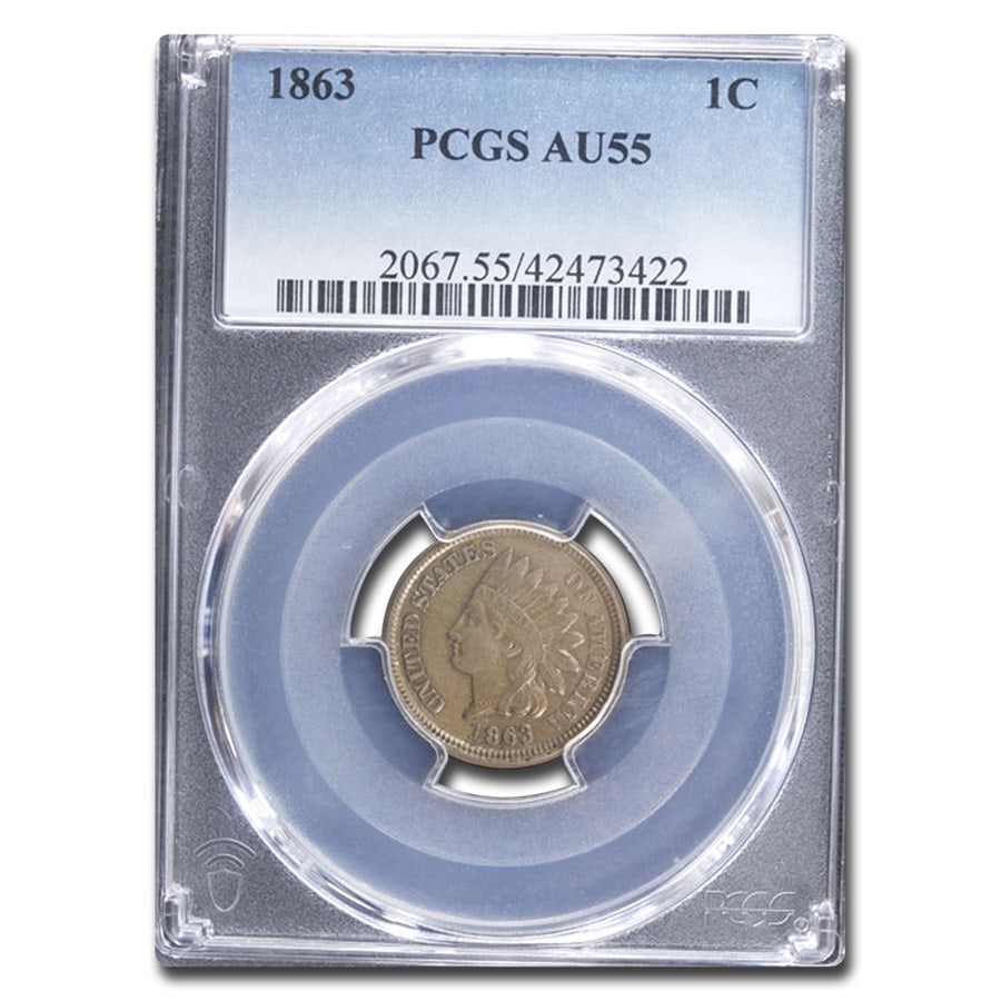 1863 Indian Head Cent AU-55 PCGS: 1863 Indian Head Cent AU-55 PCGS Product ID: 240803 Year: 1863 Grade: Almost Unc - 55 Grade Service: PCGS Denomination: 1 Cent Mint Mark: P - Philadelphia (Not Shown) Metal Content: 0 tro