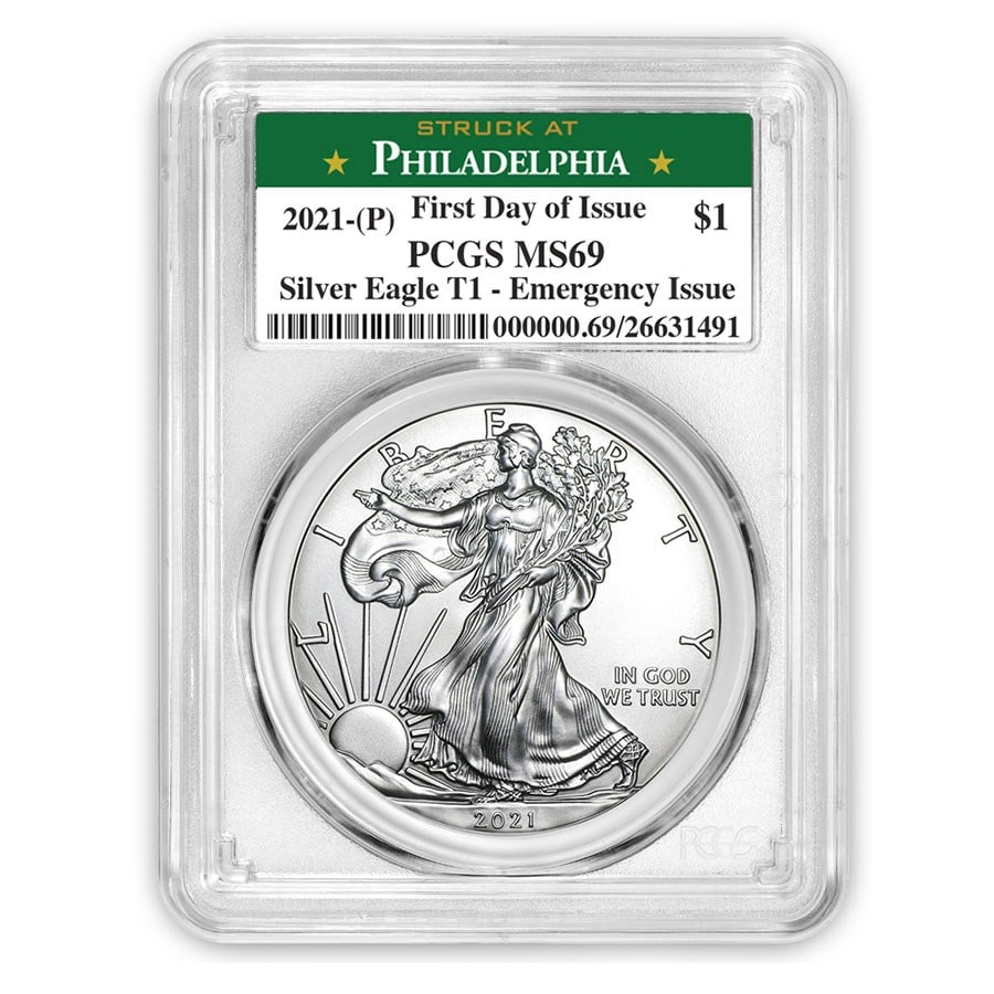 2021 (P) American Silver Eagle MS-69 PCGS (FDI, Philadelphia): 2021 (P) American Silver Eagle MS-69 PCGS (FDI, Philadelphia) Product ID: 228607 Year: 2021 Grade: MS-69 Grade Service: PCGS Denomination: $1.00 Mint Mark: Not Shown Metal Content: 1 troy