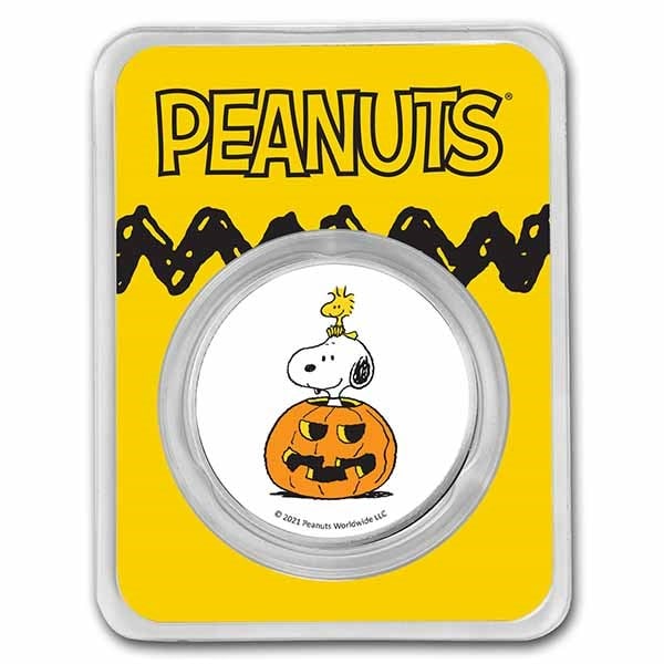 Peanuts Snoopy & Woodstock Jack-o-Lantern 1 oz Colorized Silver: Peanuts Snoopy & Woodstock Jack-o-Lantern 1 oz Colorized Silver Product ID: 237319 Year: N/A Grade: None Grade Service: None Mint Mark: N/A - Not Available Metal Content: 1 troy oz Purity