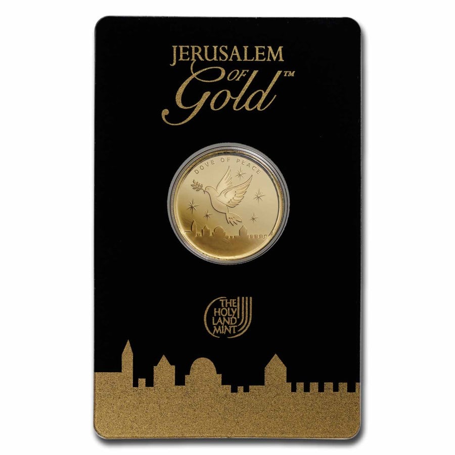 1/4 oz Gold Round - Holy Land Mint Dove of Peace (2023, In Assay): 1/4 oz Gold Round - Holy Land Mint Dove of Peace (2023, In Assay) Product ID: 278104 Year: 2023 Grade: None Grade Service: Assay Card Mint Mark: Not Shown Metal Content: 0.25 troy oz Puri