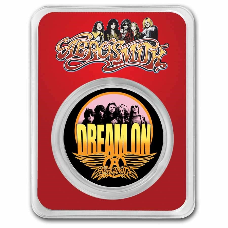 2023 Niue 1 oz Ag $2 Aerosmith Colorized 50th Dream On in TEP: 2023 Niue 1 oz Ag $2 Aerosmith Colorized 50th Dream On in TEP Product ID: 278063 Year: 2023 Grade: Brilliant Unc Grade Service: None Denomination: 2 Dollars Mint Mark: Not Shown Metal Con