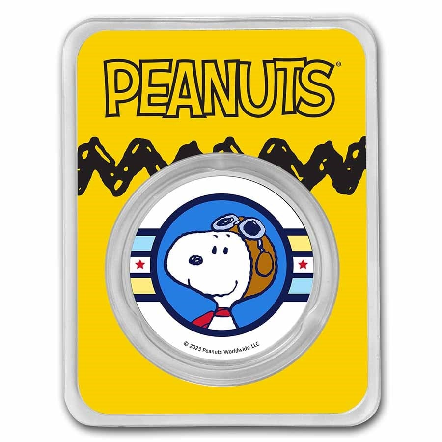 Peanuts Snoopy Flying Ace 1 oz Colorized Silver: Peanuts Snoopy Flying Ace 1 oz Colorized Silver Product ID: 277198 Grade: None Grade Service: None Mint Mark: N/A - Not Available Metal Content: 1 troy oz Purity: .999 Thickness: 2.98 mm