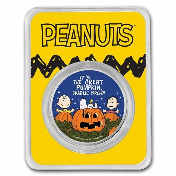 Peanuts Great Pumpkin 55th Anniversary 1 oz Colorized Silver: Peanuts Great Pumpkin 55th Anniversary 1 oz Colorized Silver Product ID: 237078 Year: N/A Grade: None Grade Service: None Mint Mark: N/A - Not Available Metal Content: 1 troy oz Purity: .