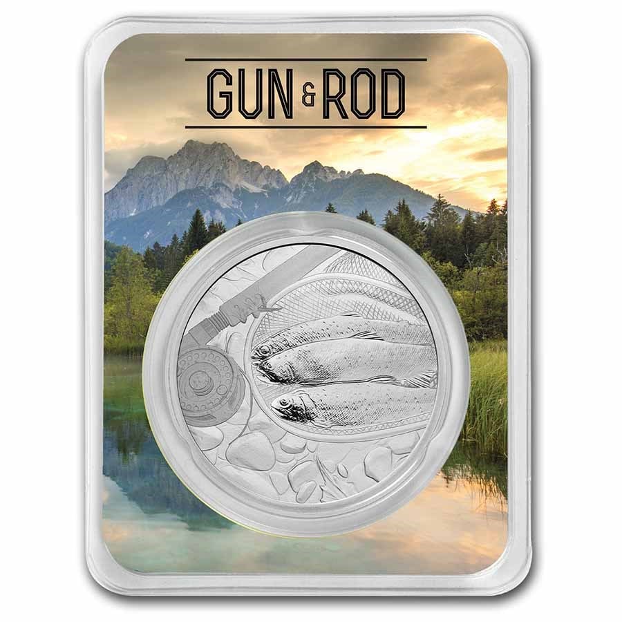 1 oz Silver Round - Gun & Rod (Trout) w/ TEP: 1 oz Silver Round - Gun & Rod (Trout) w/ TEP Product ID: 270827 Grade: None Grade Service: None Mint Mark: N/A - Not Available Metal Content: 1 troy oz Purity: .999 Thickness: 3.2 mm