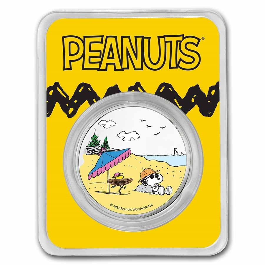 Peanuts Snoopy & Woodstock at the Beach 1 oz Colorized Silver: Peanuts Snoopy & Woodstock at the Beach 1 oz Colorized Silver Product ID: 233231 Year: N/A Grade: None Grade Service: None Mint Mark: N/A - Not Available Metal Content: 1 troy oz Purity: