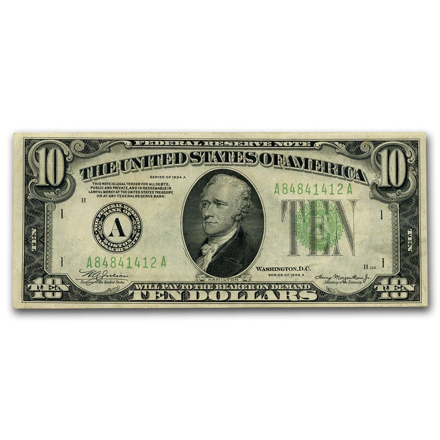 1934s $10 FRN XF (Districts of Our Choice): 1934s $10 FRN XF (Districts of Our Choice) Product ID: 97849 Year: 1934 Grade: Extra Fine Grade Service: None Denomination: 10 Dollars Mint Mark: Varies Metal Content: 0 troy oz