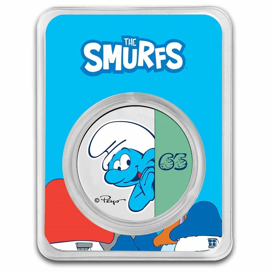 2023 Niue Colorized 1 oz Silver $2 Smurfs 65th Anniversary in TEP: 2023 Niue Colorized 1 oz Silver $2 Smurfs 65th Anniversary in TEP Product ID: 269672 Year: 2023 Grade: Brilliant Unc Grade Service: None Denomination: 2 Dollars Mint Mark: Not Shown Metal