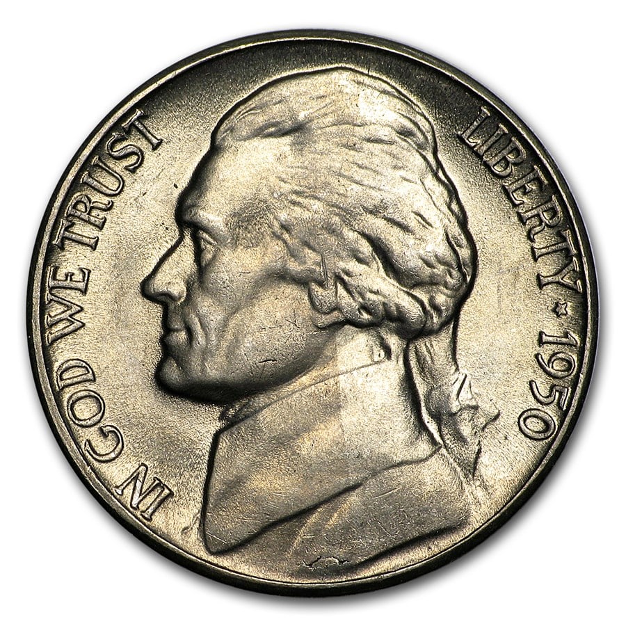 1950-D Jefferson Nickel BU: 1950-D Jefferson Nickel BU Product ID: 6429 Year: 1950 Grade: Brilliant Unc Grade Service: None Denomination: 5 Cents Mint Mark: D - Denver Metal Content: 0 troy oz Purity: N/A <