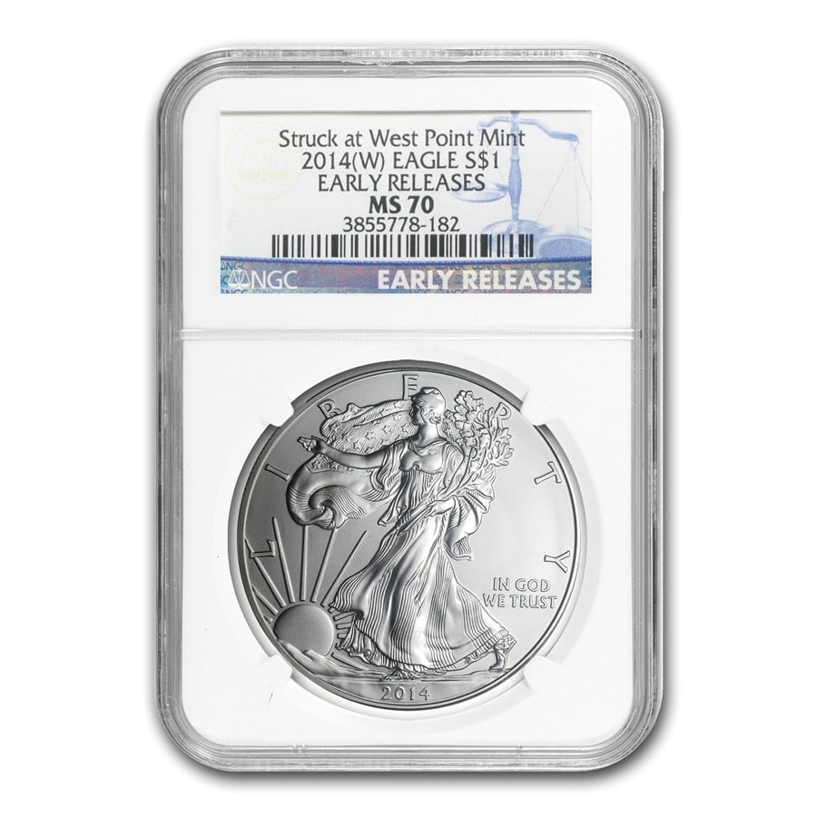 2014 (W) American Silver Eagle MS-70 NGC (Early Releases): 2014 (W) American Silver Eagle MS-70 NGC (Early Releases) Product ID: 79389 Year: 2014 Grade Service: NGC Denomination: 1 Dollar Metal Content: 1 troy oz Purity: .999 Thickness: 2.98 mm <