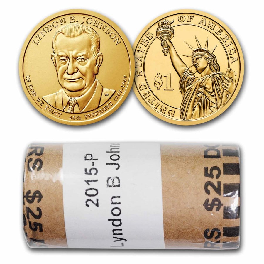 2015-P Lyndon Johnson 25-Coin Presidential Dollar Roll BU: 2015-P Lyndon Johnson 25-Coin Presidential Dollar Roll BU Product ID: 231210 Year: 2015 Grade: Brilliant Unc Grade Service: None Denomination: 1 Dollar Mint Mark: P - Philadelphia Metal C