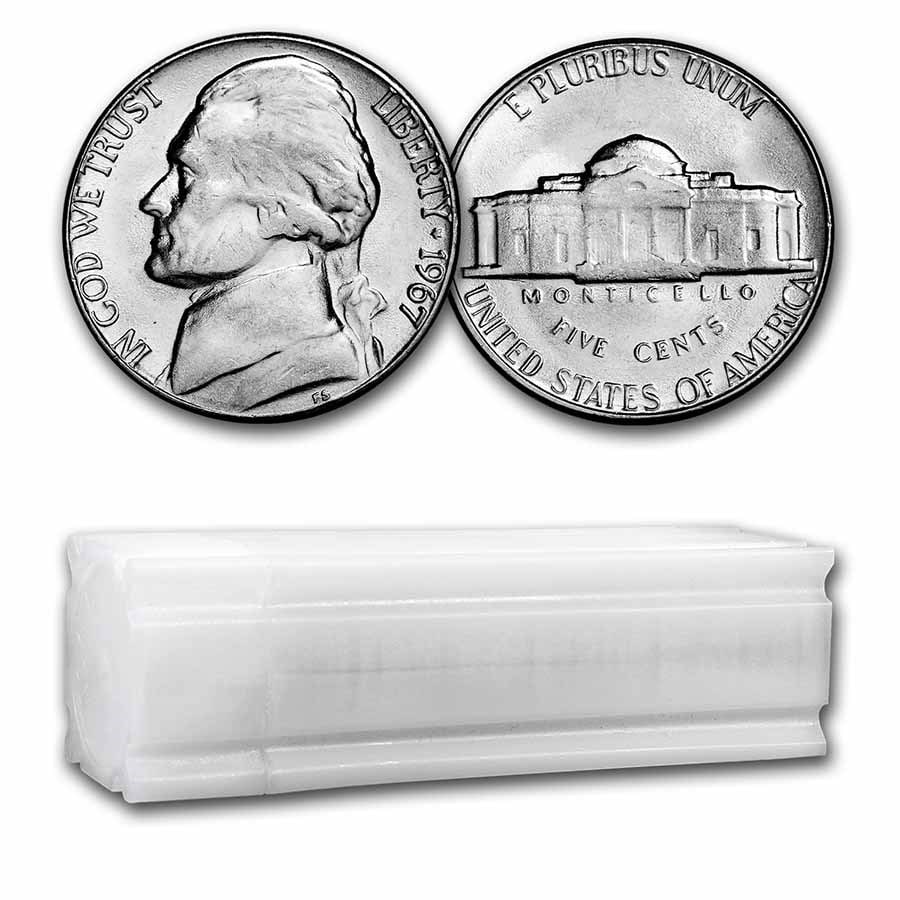 1967 Jefferson Nickel 40-Coin Roll BU: 1967 Jefferson Nickel 40-Coin Roll BU Product ID: 9359 Year: 1967 Grade: Brilliant Unc Grade Service: None Denomination: 5 Cents Mint Mark: P - Philadelphia (Not Shown) Metal Content: 0 t