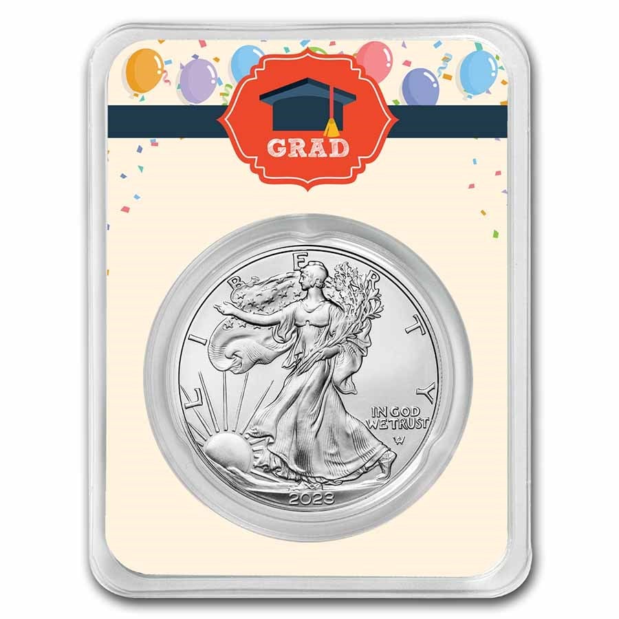 2023 1 oz Silver Eagle - w/Grad Balloons Card, In TEP: 2023 1 oz Silver Eagle - w/Grad Balloons Card, In TEP Product ID: 270471 Year: 2023 Grade: Brilliant Unc Grade Service: None Denomination: 1 Dollar Mint Mark: W - West Point (Not Shown) M