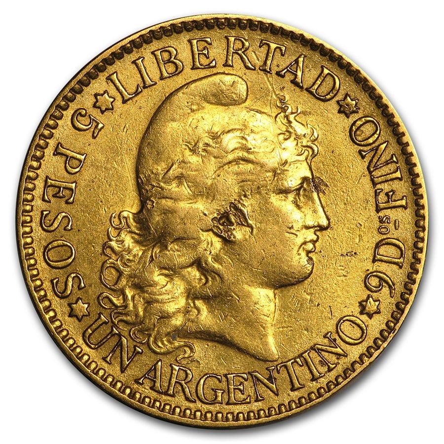 Argentina Gold 5 Peso XF (Random): Argentina Gold 5 Peso XF (Random) Product ID: 8913 Year: Random Grade: Extra Fine Grade Service: None Denomination: 5 Pesos Mint Mark: Not Shown Metal Content: 0.2334 troy oz Pur